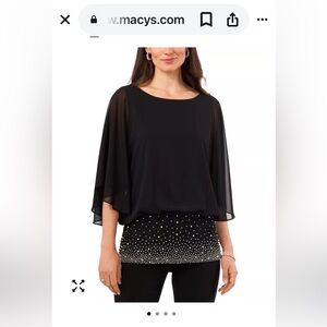 MSK Black Blouse with Sheer Sleeves and Studded Hem